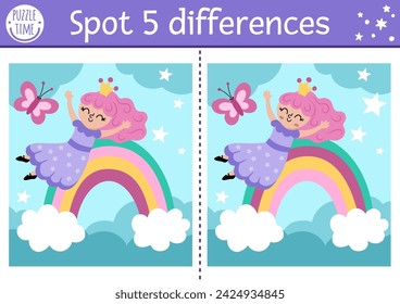 Unicorn find differences game for children. Fairytale educational activity with fairy girl sliding down the rainbow on night sky background. Cute puzzle for kids with funny fantasy character
