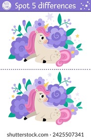 Unicornio encontrar diferencias juego para niños. Actividad educativa de cuento de hadas con caballo sentado con cuerno con fondo de flores. Rompecabezas lindo para los niños con carácter divertido de la fantasía
