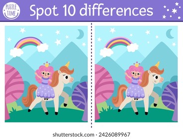 Unicorn find differences game for children. Activity with fairy girl riding horse on night fairytale background. Cute puzzle for kids with funny fantasy characters. Printable worksheet
