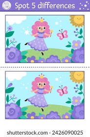 Unicorn find differences game for children. Fairytale educational activity with fairy girl dancing on meadow with magic wand, on flower background. Cute puzzle for kids with fantasy character
