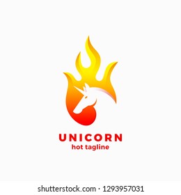 Unicorn in a Flame Shape Abstract Vector Sign, Symbol or Logo Template. Negative Space Unicorn Sillhouette with Modern Typography. Creative Vector Emblem. Isolated.