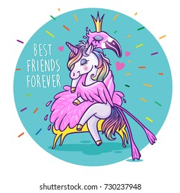 Unicornio con flamingo. Los mejores amigos para siempre. Vehículo vector de bienvenida