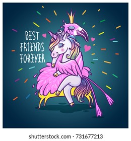 Unicorn with flamingo. Best friends forever. Vector greeting card