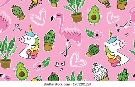 Unicorn flamingo cactus avocado drawings seamless repeating pattern texture background design