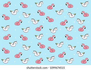 Unicorn and flamingo cartoon inflatable pool ring illustrations. Vector pattern design with cheerful hand draw characters for summer and vacation 