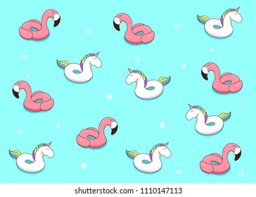 Unicorn and flamingo cartoon inflatable pool ring illustrations. Vector pattern design with cheerful hand draw characters for summer and vacation 