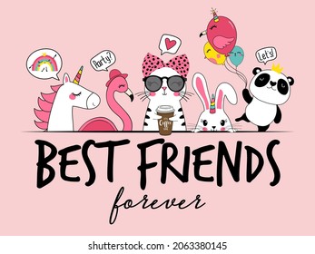 unicorn, flamingo, cat, rabbit,panda  best friends vector illustration, best friends slogan for t-shirt graphic.