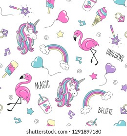Unicorn and flamingo pattern. Colorful trendy seamless pattern. Fashion illustration drawing in modern style for clothes. Drawing for kids clothes, t-shirts, fabrics or packaging.