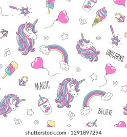 Unicorn and flamingo pattern on a lilac background. Trendy seamless pattern. Fashion illustration drawing in modern style for clothes. Drawing for kids clothes, t-shirts, fabrics or packaging