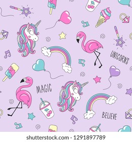 Unicorn and flamingo pattern on a lilac background. Colorful trendy seamless pattern. Fashion illustration drawing in modern style for clothes. Drawing for kids clothes, t-shirts.
