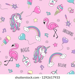 Unicorn and flamingo pattern on a pink background. Colorful trendy seamless pattern. Fashion illustration drawing in modern style for clothes. Drawing for kids clothes, t-shirts, fabrics or packaging