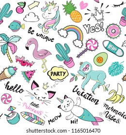 Unicorn, flamingo, toucan, cat. Cute cartoon pop art elements seamless pattern