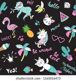 Unicorn, flamingo, toucan, cat. Cute cartoon pop art elements seamless pattern on a black background