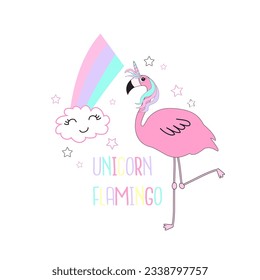 Unicorn and flamingo vector illustration for t shirt print design.