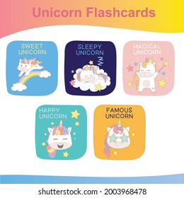 Unicorn Flashcards for Children. Cute flashcards for children. Unicorns collections flashcards. Printable game cards. Vector illustration.
