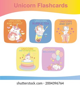Unicorn Flashcards for Children. Cute flashcards for children. Unicorns collections flashcards. Printable game cards. Vector illustration.