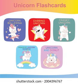 Unicorn Flashcards for Children. Cute flashcards for children. Unicorns collections flashcards. Printable game cards. Vector illustration.