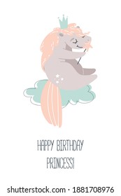 Ilustración unicornio de un vector de color dibujado a mano plana para el cumpleaños feliz. Unicornio. Caballo de caricatura sentado en la nube. Piloto de mano para princesa. Dibujo aislado al estilo escandinavo