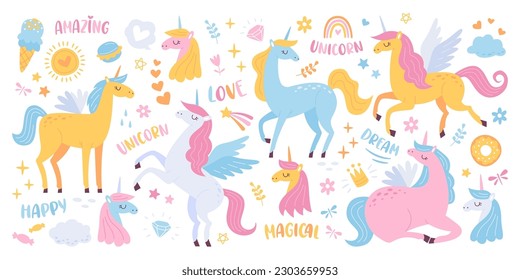 Unicorn flat illustrations set. Mythological and magical creature. Pegasus and unicorn, winged horse with single horn on head. Fairytale animal design elements
