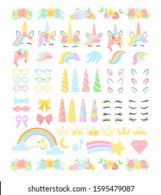 Unicorn flat vector constructor kit illustrations set. Girly, childish stickers isolated pack. Fantasy horse with horn and stripy multicolor hair. Eyelashes, ears, flowers, rainbows design elements.