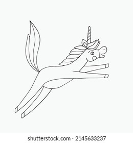 Unicorn in flight. Hand-drawn vector illustration of a funny character for stickers, banners, postcard design, packaging, children's coloring