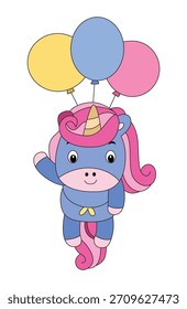Un unicornio flotando con la Ilustración vectorial del globo