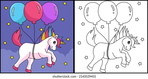 Unicorn Floating With The Balloons Coloring Page