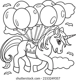 Unicorn Floating With The Balloons Coloring Page