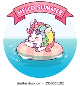 unicorn floating on a life buoy, relaxing on the water