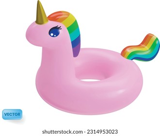 Anillo flotante de unicornio - juguete inflable de piscina para fiestas de verano. Elemento de diseño vectorial de renderización 3d, aislado en fondo blanco.