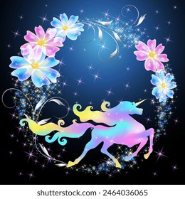 Unicorn and floral round frame with magic flowers against the backdrop of a fabulous night starry sky.