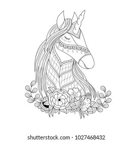 Unicorn in floral zentangle for adult coloring book page.vector illustration.
