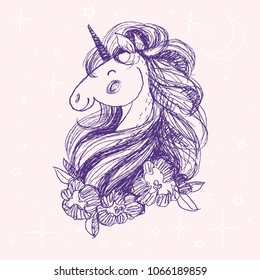 Unicorn flower card. Hand drawn vector illustration. Fairy horse cute head surrounded by peonies and stars, moon, magic. Smile unicorn hand drawn in pen style