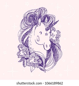 Unicorn flower card. Hand drawn vector illustration. Fairy horse cute head surrounded by peonies and stars, moon, magic. Smile unicorn hand drawn in pen style