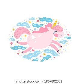 Unicorn in flower clouds. Oval card frame. Vector cartoon cute characters, simple childish hand-drawn scandinavian style. The colorful baby limited palette is ideal for printing