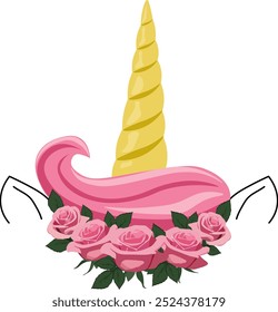 Unicornio en una corona de flores. Cuerno, melena, orejas. Invitación, postal, arte de Clip