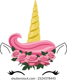 Unicorn in a flower crown. Horn, mane, eyelashes, ears. Invitation, postcard, clip art. dream like a real unicorn