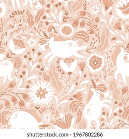Unicorn in a flower fairy forest seamless pattern. Vector cartoon cute characters, simple childish hand-drawn scandinavian style. The beige limited palette, ideal for printing baby textiles, clothing