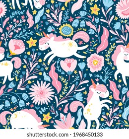 Unicorn in a flower fairy forest seamless pattern. Vector cartoon cute characters in simple childish hand-drawn scandinavian style. Colorful palette ideal for printing baby textiles, clothing