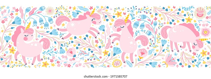 Unicorn in flower fairy forest seamless border pattern. Vector cartoon cute characters in simple childish hand-drawn scandinavian style. The colorful palette ideal for printing baby textiles, clothing