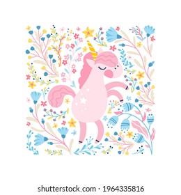 Unicorn in a flower fairy forest. Square map frame. Vector cartoon cute characters, simple childish hand-drawn scandinavian style. The colorful baby limited palette is ideal for printing