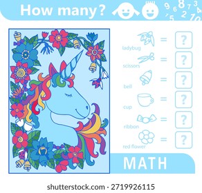 Unicornio con marco de flores. Contar juego de matemáticas para niños. Rompecabezas de matemáticas educativas. Cuente cuántos objetos hay en la imagen y escriba el resultado. Ilustración vectorial de esbozo