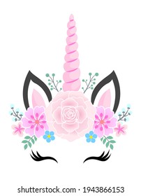 Unicorn Flower headband wreath, Unicorn head with flower crown, Unicorn Face. Vector illustration for card and shirt design