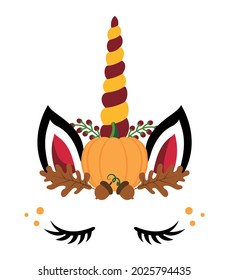 Unicorn Flower headband wreath, Unicorn head with flower crown, Unicorn Face. Vector illustration for card and shirt design for autumn holidays. Happy Harvest, Thanksgiving or Halloween decoration.