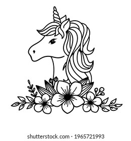 Unicorn. Unicorn Flower. Outline drawing. Line vector illustration.  Isolated on white background. Good for posters, t shirts, postcards.