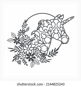 UNICORN with Flower, Paper Cut Vector