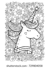 Unicorn, flower pattern. Magical animal. Vector artwork. Black and white. Coloring book page for adult and kid. Zentangle Illustration. Fairytale concept, wonderland. Wedding invitation, greeting card
