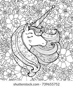 Unicorn and flower pattern. Magical animal. Vector artwork. Black, white. Coloring book page for adult, kid. Zentangle Illustration. Fairy tale concept, wonderland. Wedding invitation, greeting card