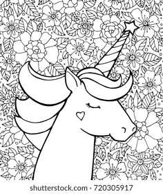 Unicorn and flower pattern. Vector artwork. Black and white. Coloring book pages for adult and kids.  Zentangle hand drawn Illustration. Boho, bohemian. Fairytale concept, amazing wonderland