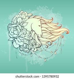 Unicorn with flowers and beads illustration. Vector graphic elegant linear composition on abstract paint background 
